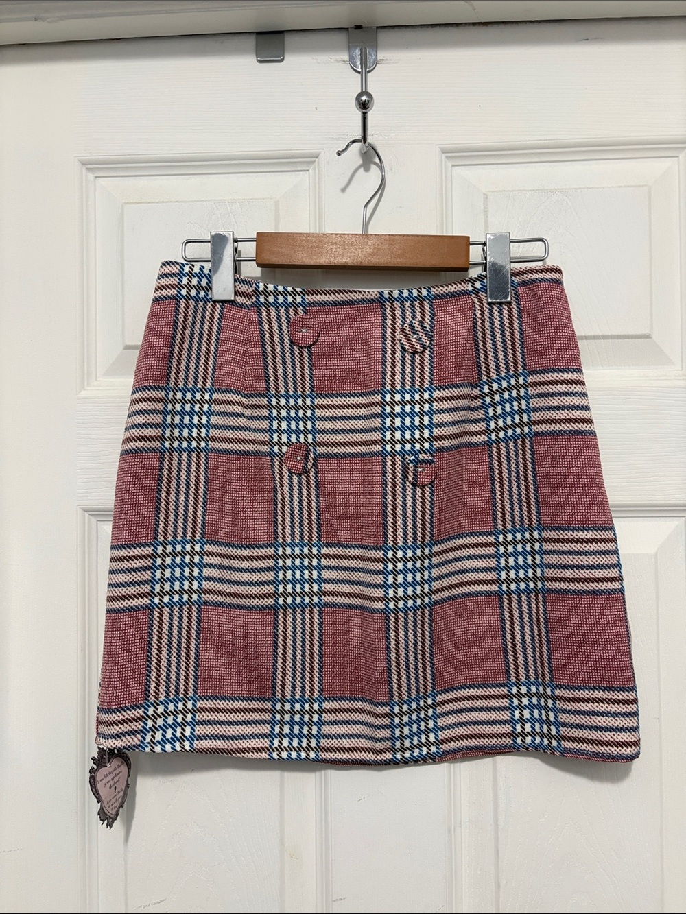 NWT Compañia Fantastica Plaid Button-Front Mini Skirt in Rose Pink